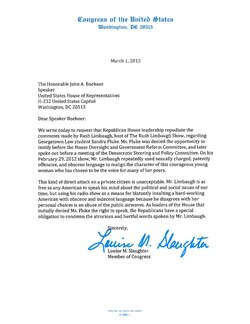 Congressional letter on Sandra Fluke by Louise Slaughter