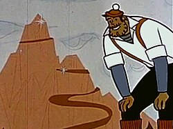 A still from the 1960 Mel-O-Toons cartoon Paul Bunyan. Typical among juvenile accounts, the cartoon features Paul Bunyan batting cannonballs in the American Revolutionary War, sinking pirate ships, and building the Big Rock Candy Mountain.