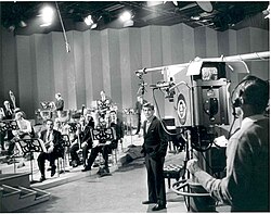 Bernstein with members of the New York Philharmonic rehearsing for a television broadcast, c. 1958