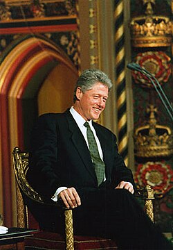 Clinton addressing the British Parliament on November 29, 1995