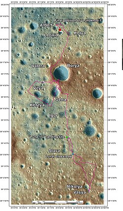 Map of Lunokhod-1's traversing, Leonid is near the top of the image
