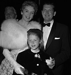 Kerr with her daughter Melanie and her first husband Tony Bartley at the premiere of Heaven Knows, Mr. Allison (1957)