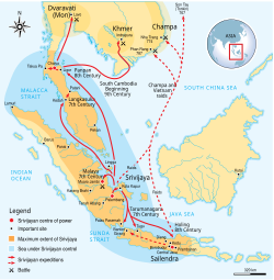 For centuries, Srivijaya, through its expansion, economic power and military prowess, was responsible for the wide spread of Old Malay throughout the Malay Archipelago. It was the working language of traders and it was used in various ports and marketplaces in the region.[23]