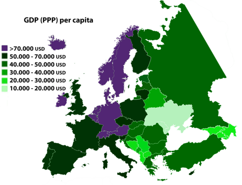 European and bordering nations by GDP (PPP) per capita