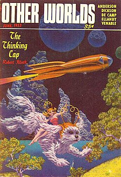 Bloch's novelette "The Thinking Cap" was the cover story in the June 1953 issue of Other Worlds, illustrated by Hannes Bok