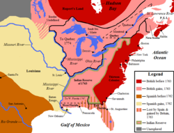Territorial changes following the French and Indian War; land held by Britain prior to 1763 is shown in red; land gained by Britain in 1763 is shown in pink.