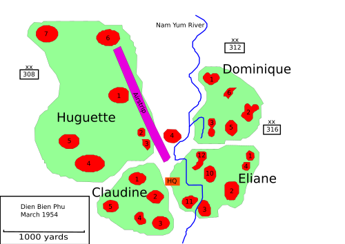 Central French positions at Điện Biên Phủ, late March 1954. The positions in Eliane saw some of the most intense combat of the entire battle.