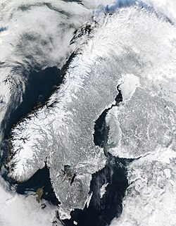 Scandinavia exhibits some of the typical effects of ice age glaciation such as fjords and lakes.
