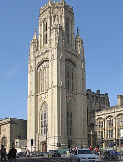 Wills Memorial Building (Schools of Law and Earth Sciences) on Park Street, Bristol. The tower was cleaned in 2006–2007.[23]