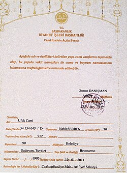 A typical example of a Diyanet document. Document given by Diyanet for the mosque built by the Circassian businessman and philanthropist Nahit Serbes.