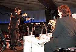 David Baker (far left), a music educator, composer and conductor, leads the Smithsonian Jazz Masterworks Orchestra during the NEA Jazz Masters awards ceremony and concert in 2008.