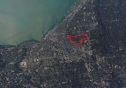 A NASA photo of Greater Cleveland, showing the relative location of Shaker Heights