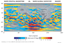 Map of crustal magnetic anomaly distribution on Mars, courtesy of NASA, 2005.