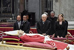 Italian president Sergio Mattarella paying respects to the body of Benedict XVI at St. Peter's Basilica