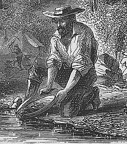 Man panning for gold on the Mokelumne. Harper's Weekly: How We Got Gold in California. 1860