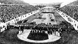 The opening ceremony of the first modern Olympic Games in the Panathenaic Stadium, Athens