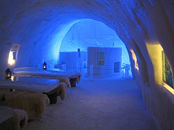 An ice-made dining room of the SnowCastle of Kemi ice hotel in Finland