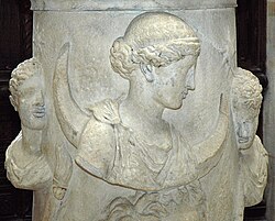 Selene from an altar piece, flanked by either the Dioscuri, or by Phosphorus and Hesperus.[129]
