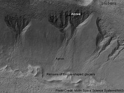 Group of gullies on north wall of crater that lies west of the crater Newton. The alcove and apron of one gully are labelled. These gullies are associated with moraine-like ridges at their downslope ends, which suggests they have formed at the site of a now-absent flowing ice. Note that they are cut into a mantle, which is much smoother than the rough-textured underlying material. Image taken by Mars Global Surveyor.