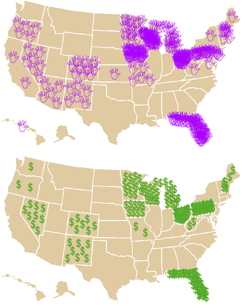 These maps show the amount of attention given to each state by the Bush and Kerry campaigns, combined, during the final five weeks of the 2004 election. Each waving hand (purple map) represents a visit from a presidential or vice presidential candidate. Each dollar sign (green map) represents one million dollars spent on TV advertising.[264]
