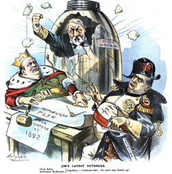 Even after his final run for president in 1884, James G. Blaine was still seen as a possible candidate for the Republican nomination. In this 1890 Puck cartoon, he is startling Reed and McKinley (right) as they make their plans for 1892.