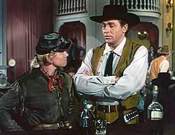 Calamity Jane (Doris Day) and Wild Bill Hickok (Howard Keel) at the Deadwood saloon
