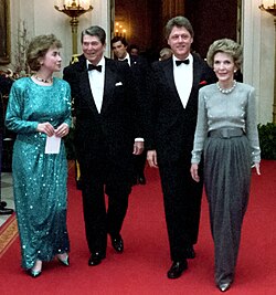 Governor and Mrs. Clinton attend the Dinner Honoring the Nation's Governors in the White House with President Ronald Reagan and first lady Nancy Reagan, 1987.