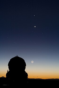 Planet Venus in alignment with Mercury (above) and the Moon (below)