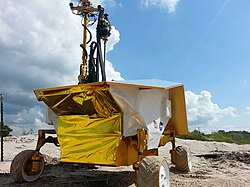 Engineering prototype of the Resource Prospector lunar rover undergoing tests.