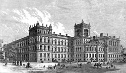 The western end of the FCDO Main Building in 1866, facing St James's Park. It was then occupied by the Foreign and India Offices, while the Home and Colonial Offices occupied the Whitehall end.