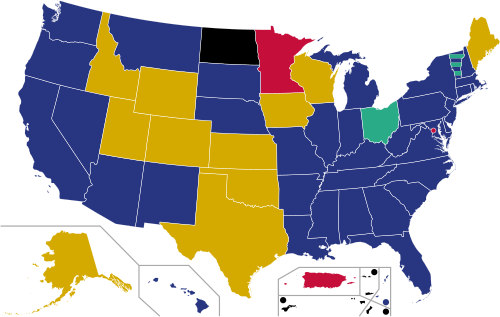 The results of the 2016 Republican presidential primaries. Donald Trump is in blue, Ted Cruz in yellow, Marco Rubio in red, John Kasich in green, and uncommitted voters in black.
