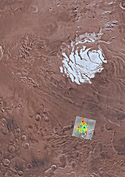 Site of south polar subglacial water body (reported July 2018)