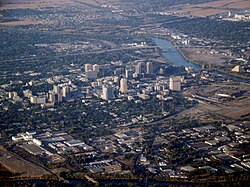 Aerial view of Central Sacramento and the Sacramento River