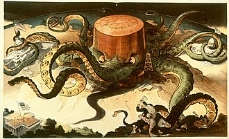 Fear of monopolies ("trusts") is shown in this critique of Rockefeller's Standard Oil Company by Udo J. Keppler, for Puck magazine September 7, 1904.