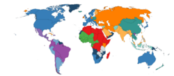 A world map of countries in 1965 colour-coded into 'blocks' based on trade, military interventions, diplomats and treaties:[2] Block A Block B Block C & with dashed lines indicates colonies of Block C countries Block C' Block D Block D' Block E Block E' Block F Block F'
