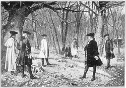 An early 20th century illustration after painting "Ein Ehrenhandel" by Joseph Munsch (Austrian, 1832-1896) [89] depicting the duel between Burr (right) and Alexander Hamilton (left) on July 11, 1804, in Weehawken, New Jersey.