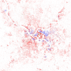 Map of racial distribution in Pittsburgh, 2010 U.S. census. Each dot is 25 people: ⬤ White ⬤ Black ⬤ Asian ⬤ Hispanic ⬤ Other