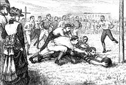 An 1875 painting of rugby being played by Europeans in Calcutta (today Kolkata)[82]