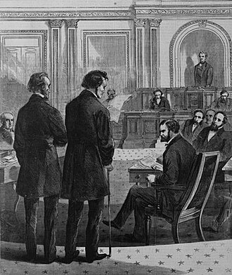 Bingham and Thaddeus Stevens appearing before the Senate to inform the Senate of the House's vote to impeach President Andrew Johnson