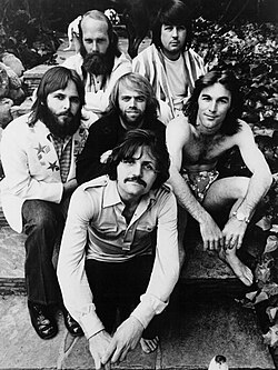 The Beach Boys in 1971; top left to right: Mike Love, Brian Wilson; middle left to right: Carl Wilson, Al Jardine, Dennis Wilson; bottom: Bruce Johnston