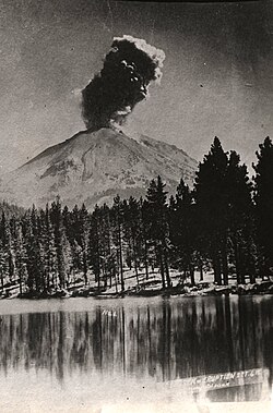 Lassen Peak eruption over Reflection Lake, 1915