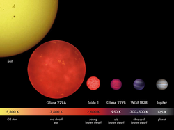Relative star sizes and photospheric temperatures. Any planet around a red dwarf such as the one shown here (Gliese 229A) would have to huddle close to achieve Earth-like temperatures, probably inducing tidal locking. See Aurelia. Credit: MPIA/V. Joergens.