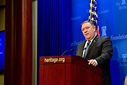 U.S. secretary of state Mike Pompeo addressing the Heritage Foundation in May 2018
