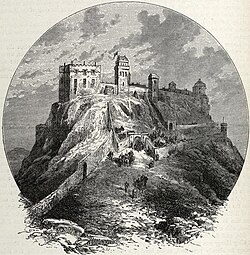 Edinburgh Castle as it may have looked before the Lang Siege of 1571–1573, with David's Tower and the Palace block, centre and left