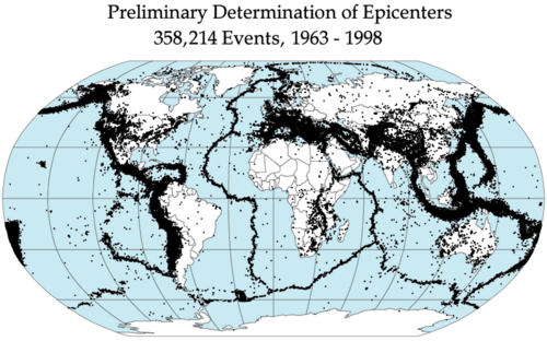 Earthquake epicenters occur mostly along tectonic plate boundaries, especially on the Pacific Ring of Fire.