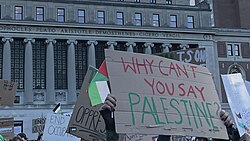 A sign that reads "Why can't you say Palestine?" at the first protest co-organized by the Columbia chapters of Students for Justice in Palestine and Jewish Voice for Peace, 12 October 2023.