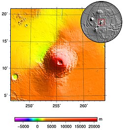 Colorized MOLA topography of Ascraeus Mons and its neighbourhood. Note the broad lava aprons at the southwestern and northeastern edges of the volcano. Also, note that the surrounding lava plains to the northwest have a much lower elevation than plains to the southeast.