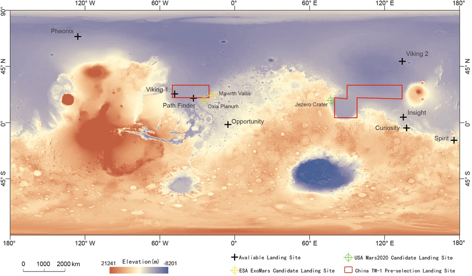 The two landing site candidates of Tianwen-1 mission are enclosed by red lines on Martian map. The one on the left is located in Chryse Planitia and the one on the right in Utopia Planitia.