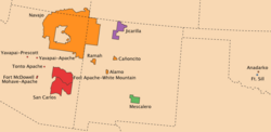 Present-day primary locations of Apache and Navajo tribes (scale and colors in map above)