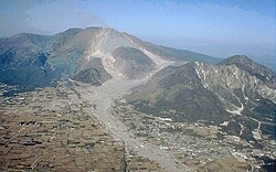 Mt. Unzen after the 1991 eruption, showing extensive pyroclastic flow and lahar deposits.
